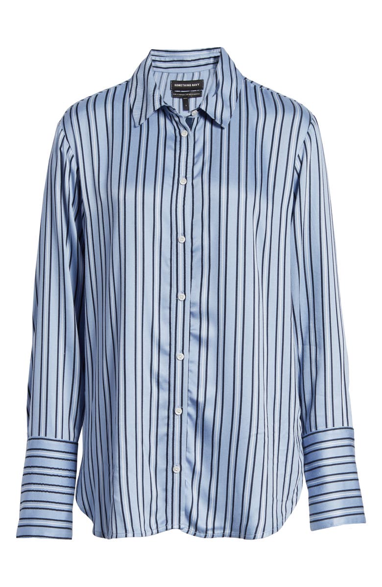 Something Navy Stripe Satin Boyfriend Top, Alternate, color, 