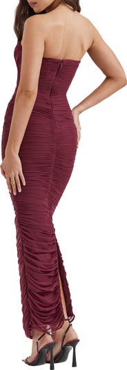 Gradient Color Strapless Ruched Mesh Gown
