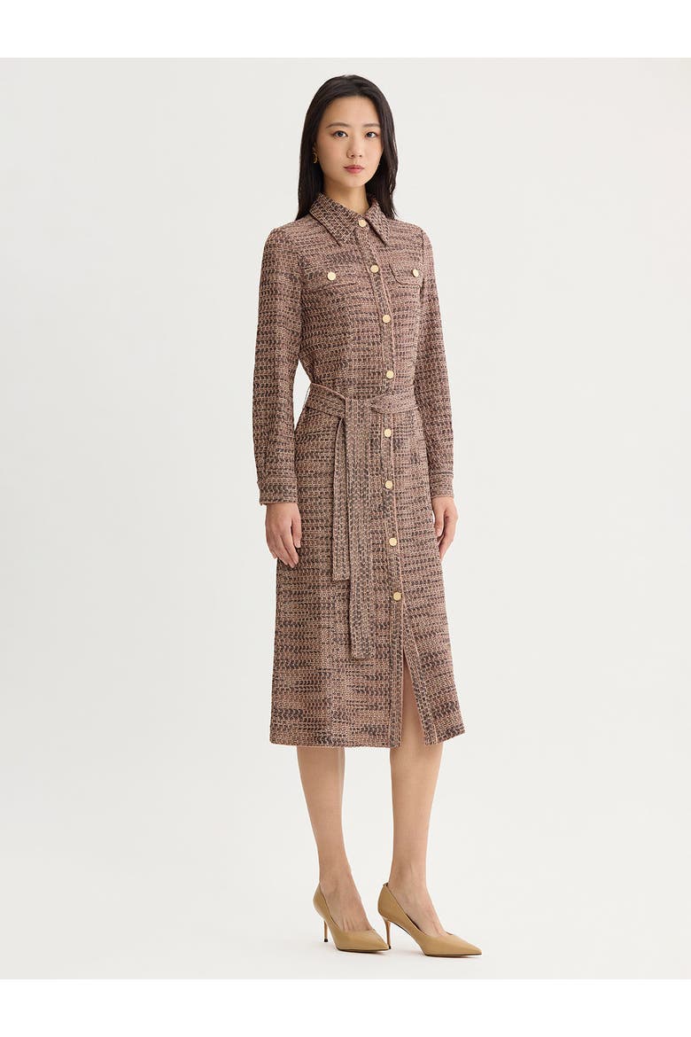 Belted Button Front Tweed Knit Midi Dress, Alternate, color, Charmeuse/Biscotti/Black