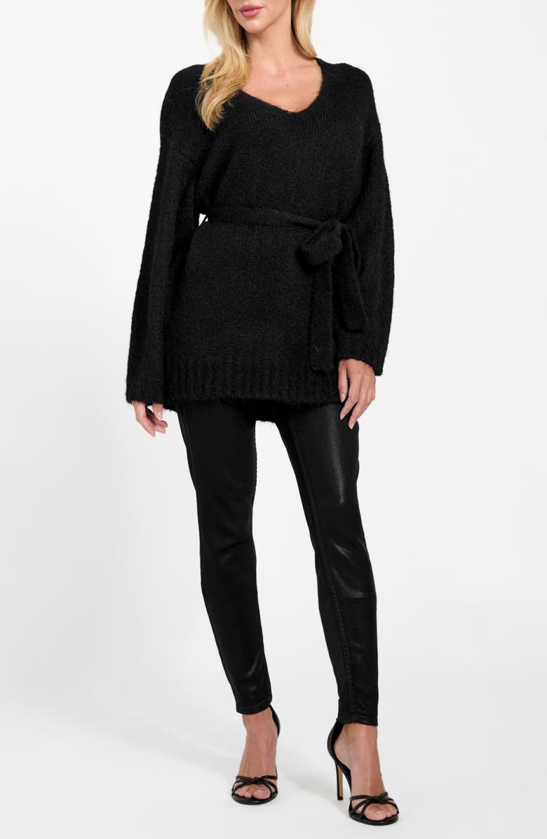 GUESS Kiyoka Tie Waist Tunic Sweater, Alternate, color, Black-Black