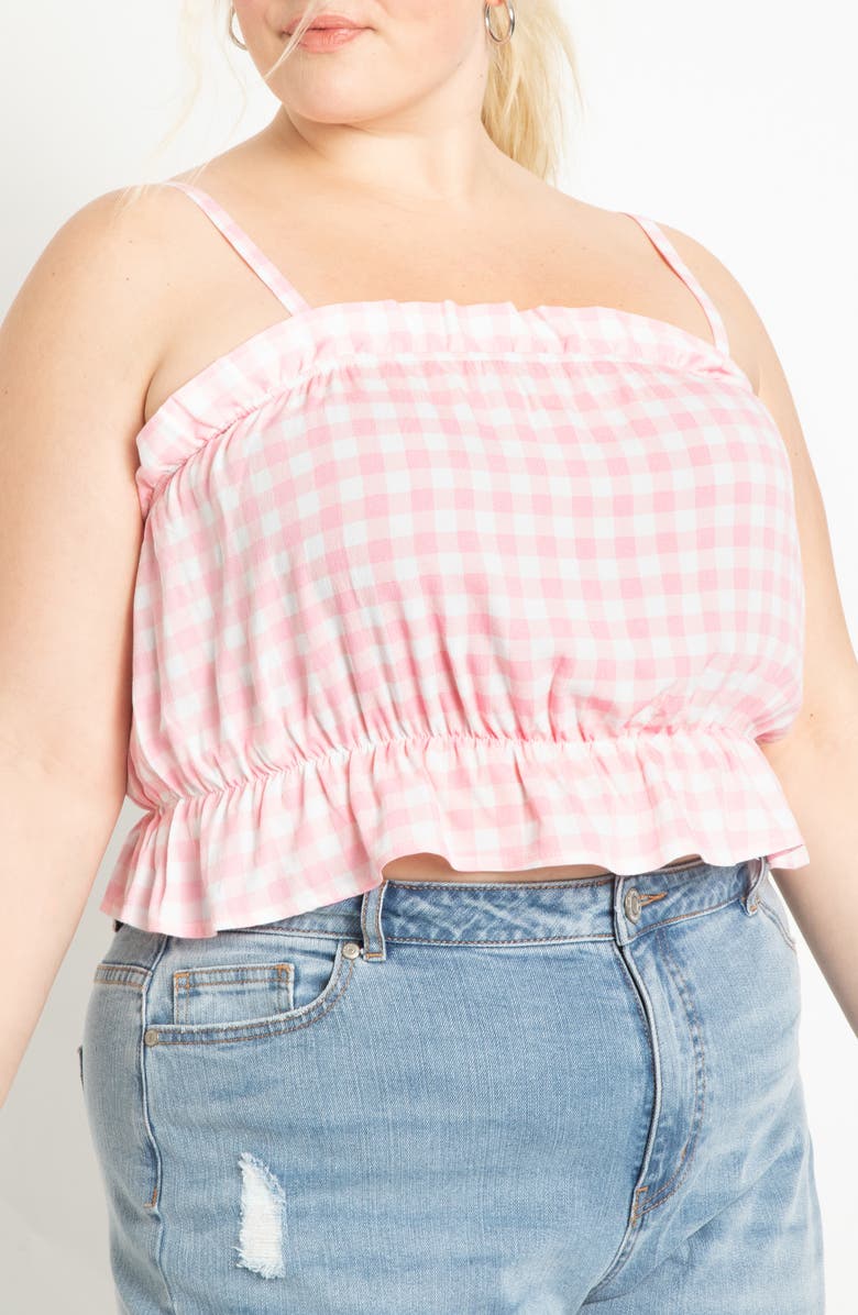 ELOQUII Ruffle Gingham Crop Top, Alternate, color,