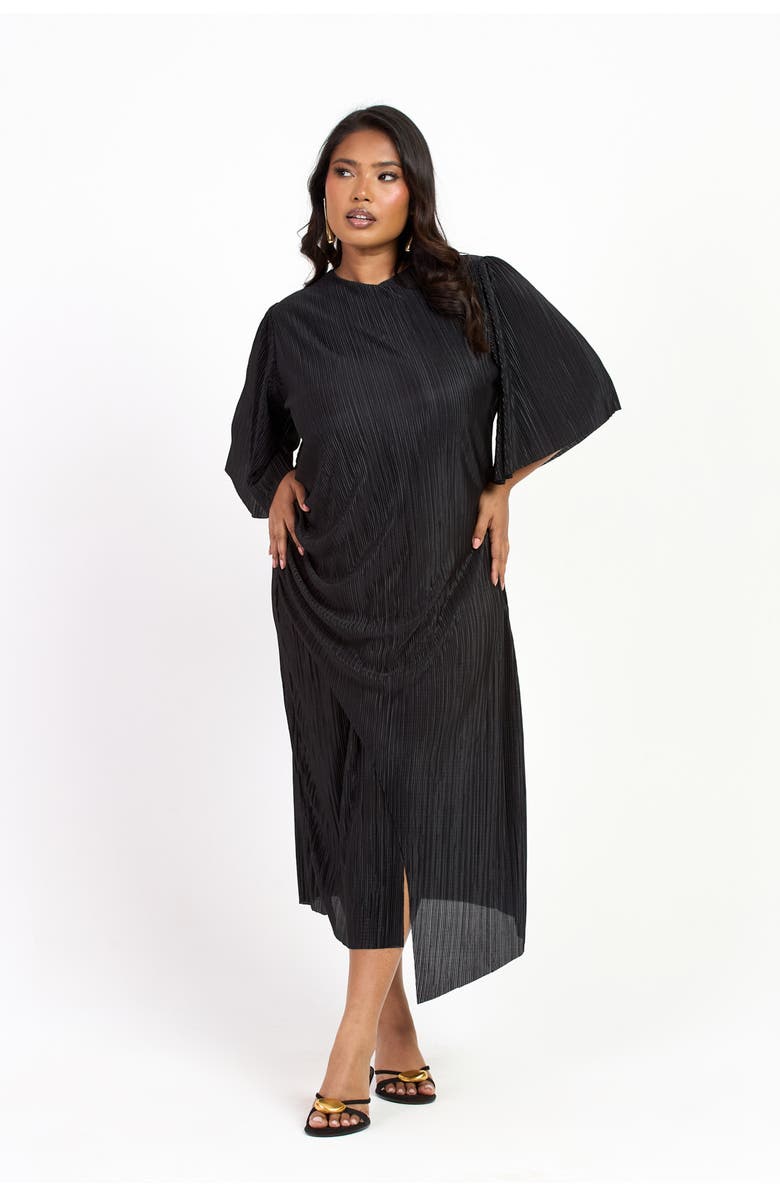FASHION-SZN CURVE Ruched Side Flutter Sleeve Midi Dress, Alternate, color, Black