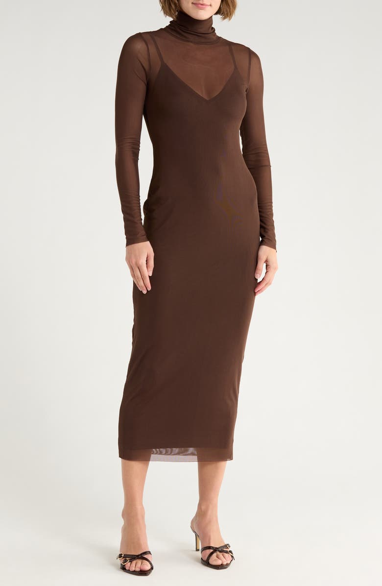 AFRM LOS ANGELES Marni Turtleneck Long Sleeve Mesh Dress, Main, color, Java