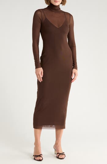 Afrm Los Angeles Marni Turtleneck Long Sleeve Mesh Dress In Brown