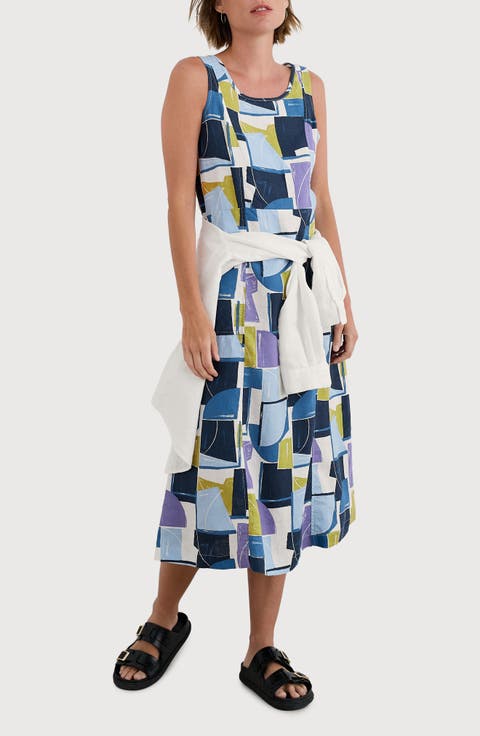 Grass Wave Print Sleeveless Linen Midi Dress