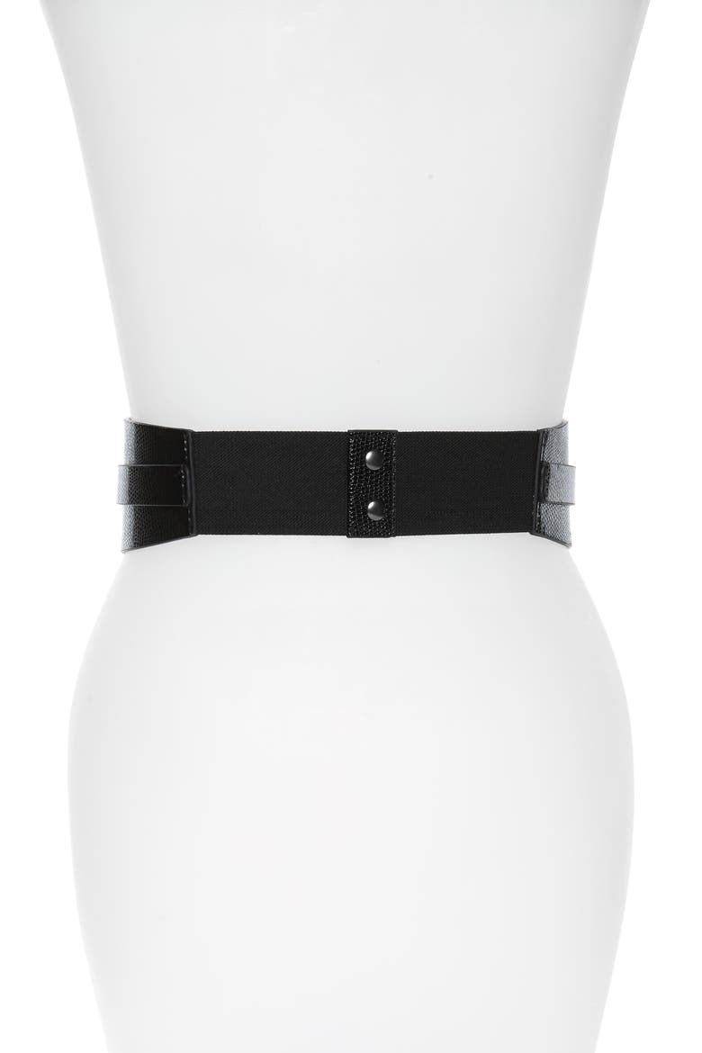 Tie Front Snake Embossed Faux Leather Stretch Belt, Alternate, color, BLACK
