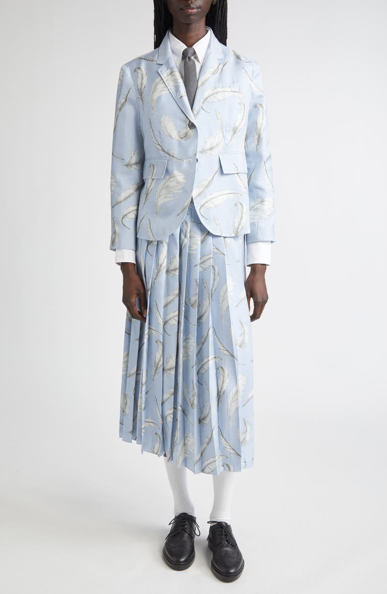 Thom Browne Feather Print Stripe Silk Blazer, Alternate, color, Light Blue