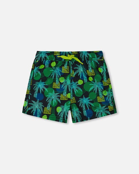 Boy's Printed Swim Trunks Green Jungle On Black