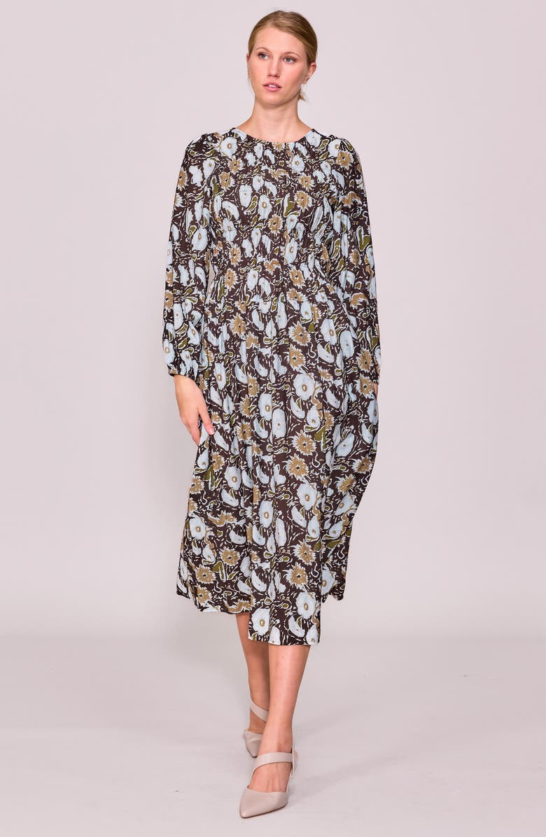 MELLODAY Floral Long Sleeve Midi Dress, Alternate, color, Chocolate Multi