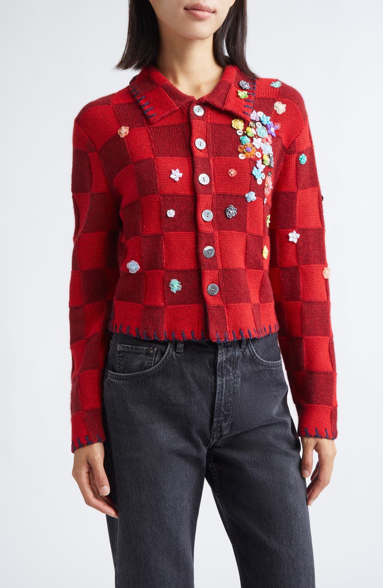 YanYan Fireworks Lambswool & Cotton Shrunken Cardigan, Main, color, Wine/ Red