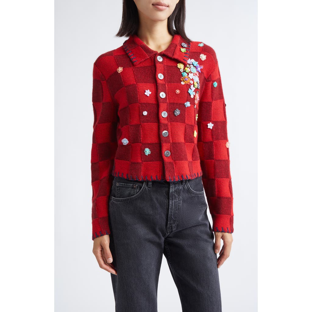 Yanyan Fireworks Lambswool & Cotton Shrunken Cardigan In Red