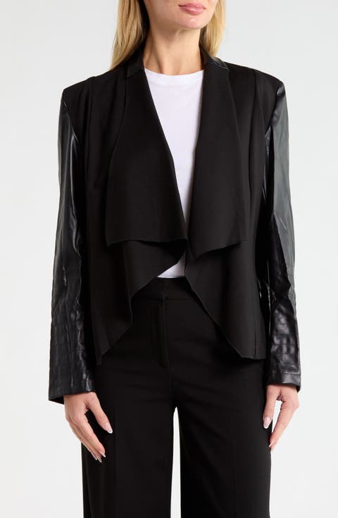 Faux Leather Sleeve Drape Front Jacket