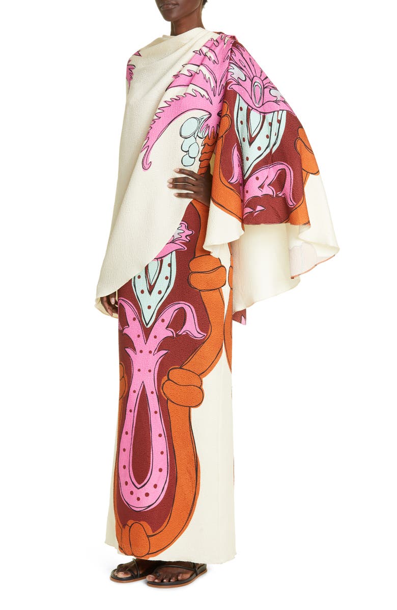 Johanna Ortiz Flores De Alma Silk Maxi Dress with Wool & Silk Blend Shawl, Alternate, color, 