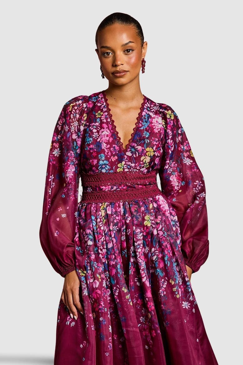 Petite Organza Lace Trim Midaxi Dress, Alternate, color, Plum