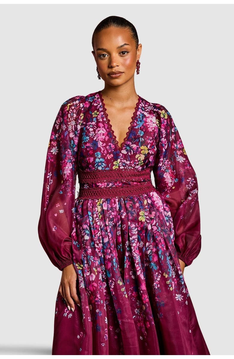 Coast Petite Organza Lace Trim Midaxi Dress, Alternate, color, Plum