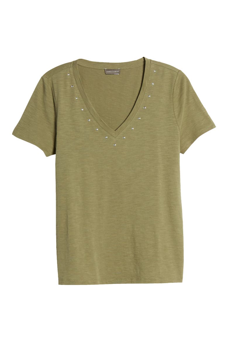 Studded V-Neck Cotton Blend T-Shirt, Alternate, color, LIGHT SAGE