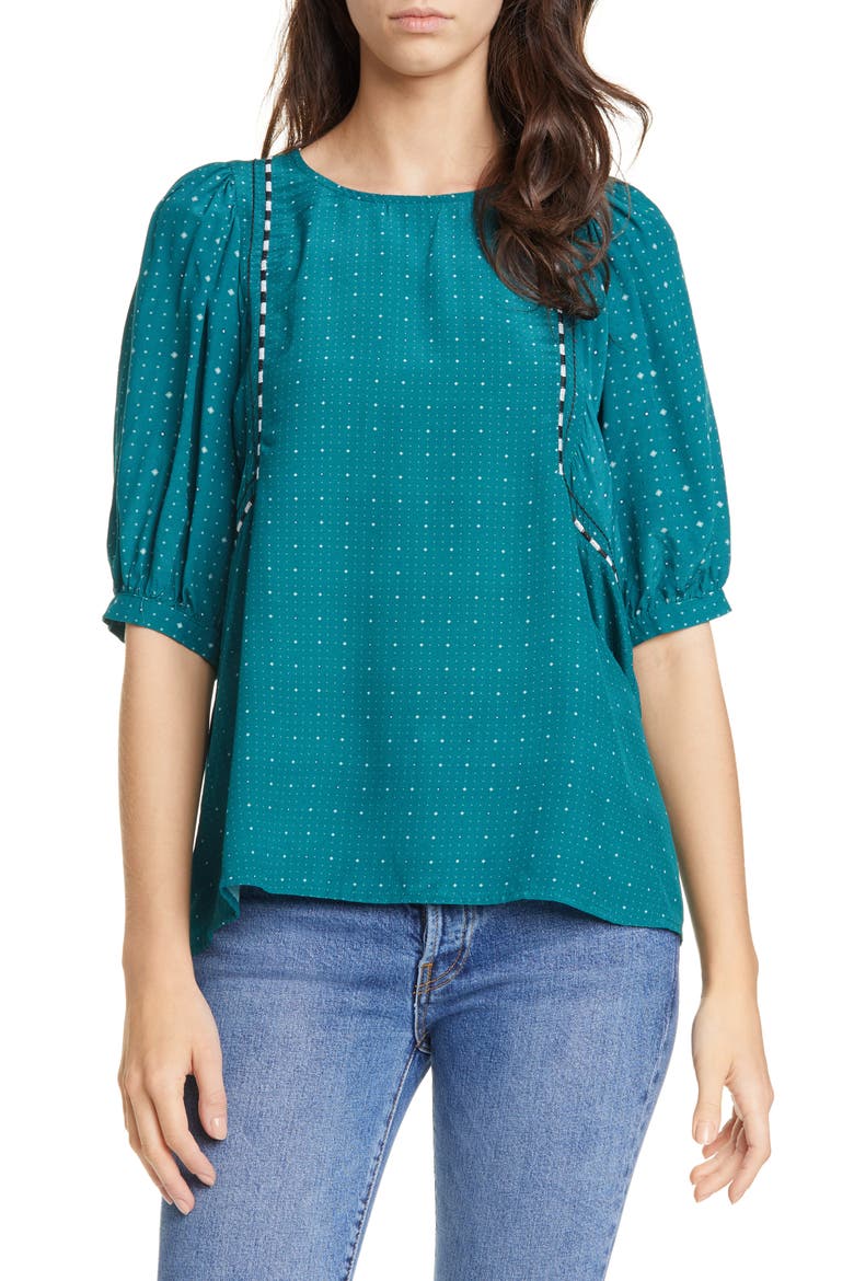 Wynonna Foulard Short Sleeve Blouse, Main, color, TEAL FOULARD MIX