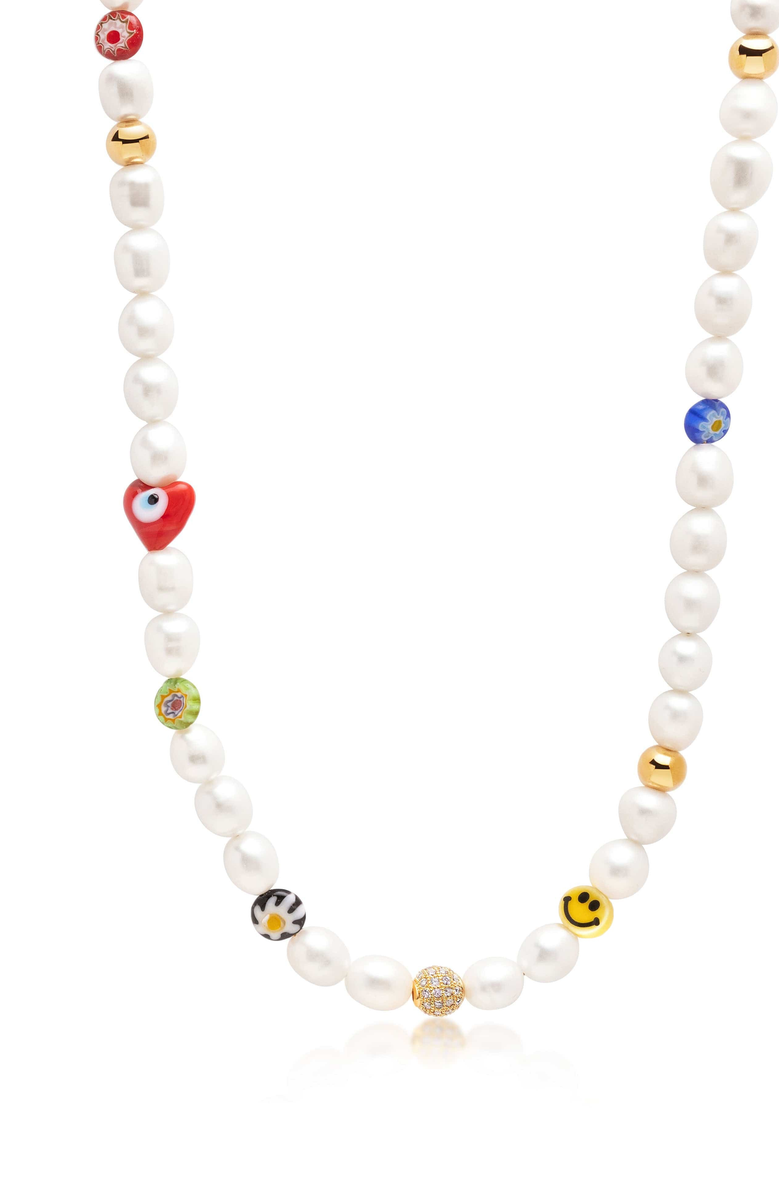 Nialaya Smiley Face Pearl Necklace, Main, color, White