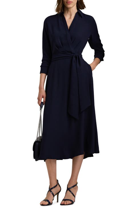 Surplice Long Sleeve Georgette Midi Dress