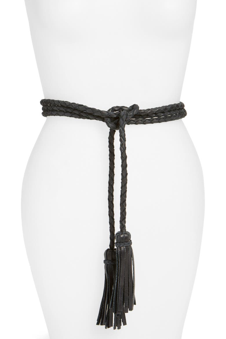 Fringe Soga Leather Belt, Main, color, BLACK