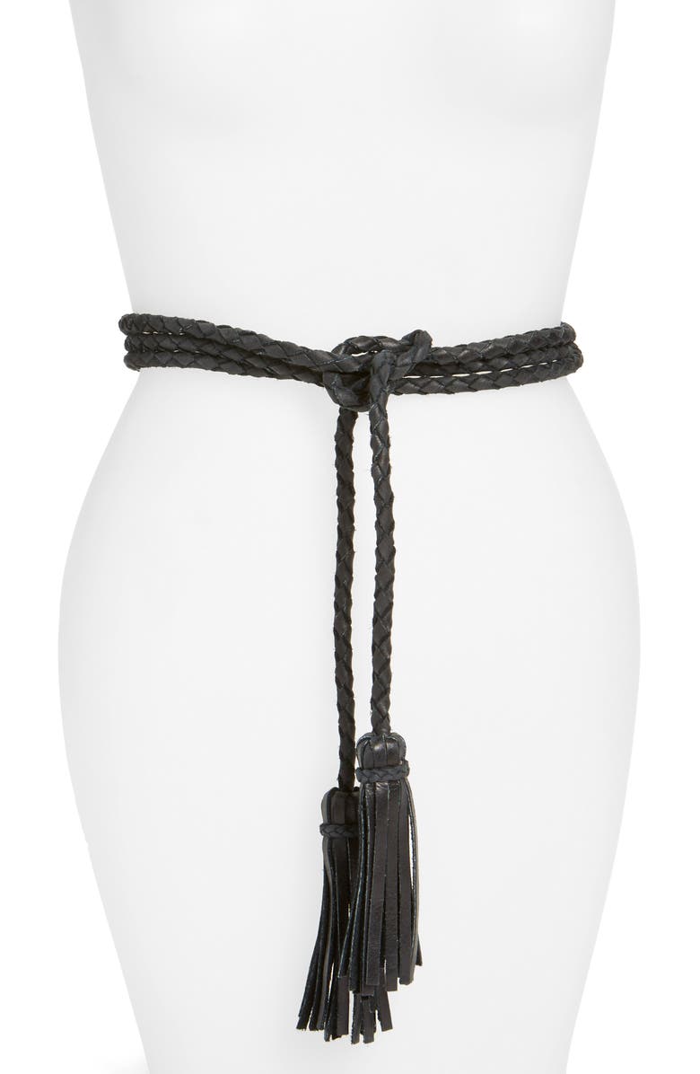 Ada Fringe Soga Leather Belt, Main, color, Black