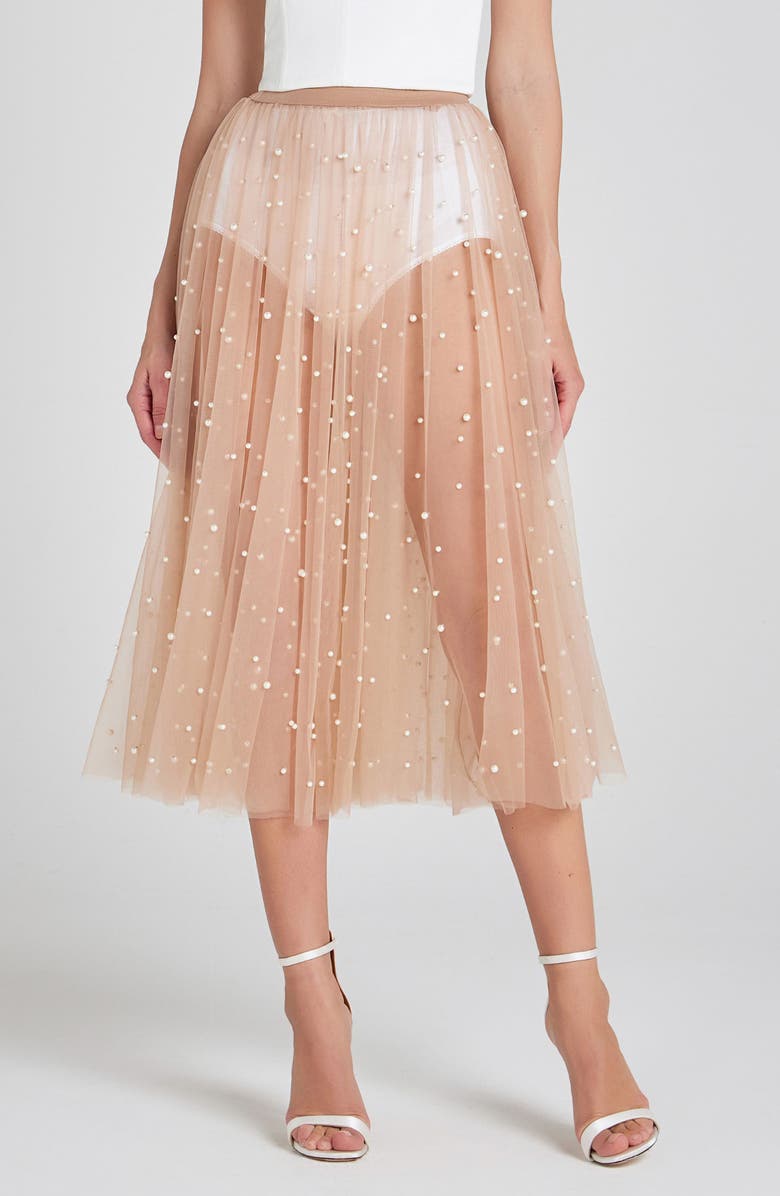NADINE MERABI Blake Embellished Mesh Midi Skirt, Main, color, 