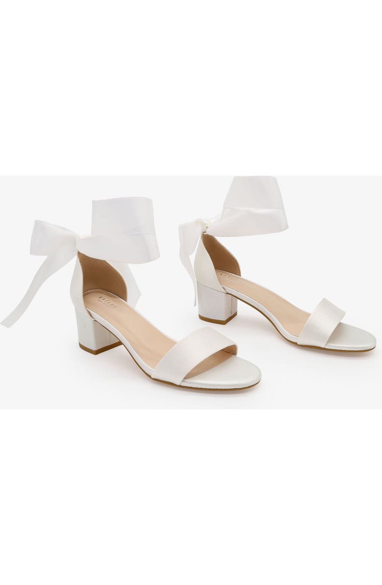 Kailee P Naomi Satin Block Heel Wedding Sandal with Wrapped Satin Ribbon Tie, Main, color, White