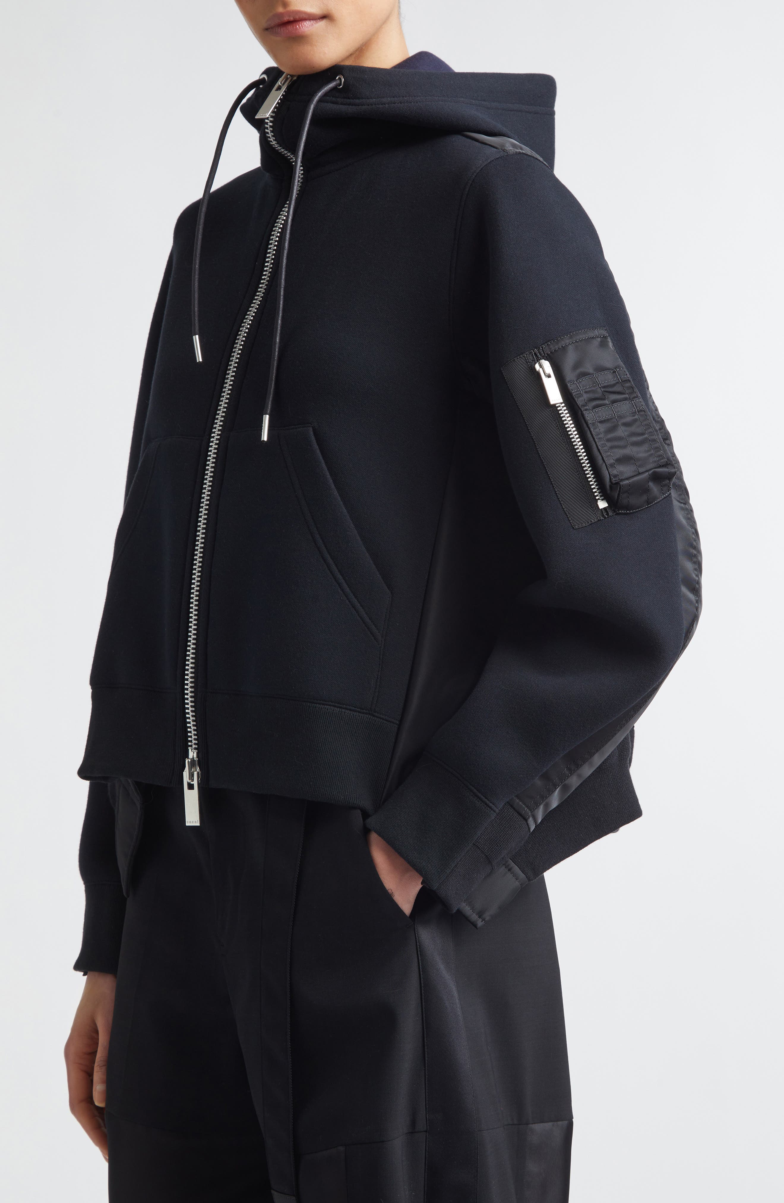 Sacai Sponge Sweat x Nylon Twill Full Zip Hoodie (Women) | Nordstrom