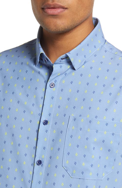 Mizzen + Main Leeward Trim Fit Leaf Print Short Sleeve Performance Button-up Shirt In Blue