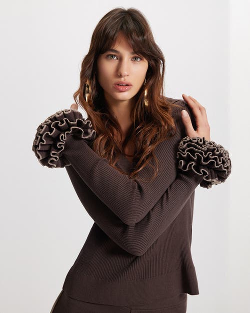 Theo The Label Nomia Ruffle Sleeve Johnny Sweater In Brown