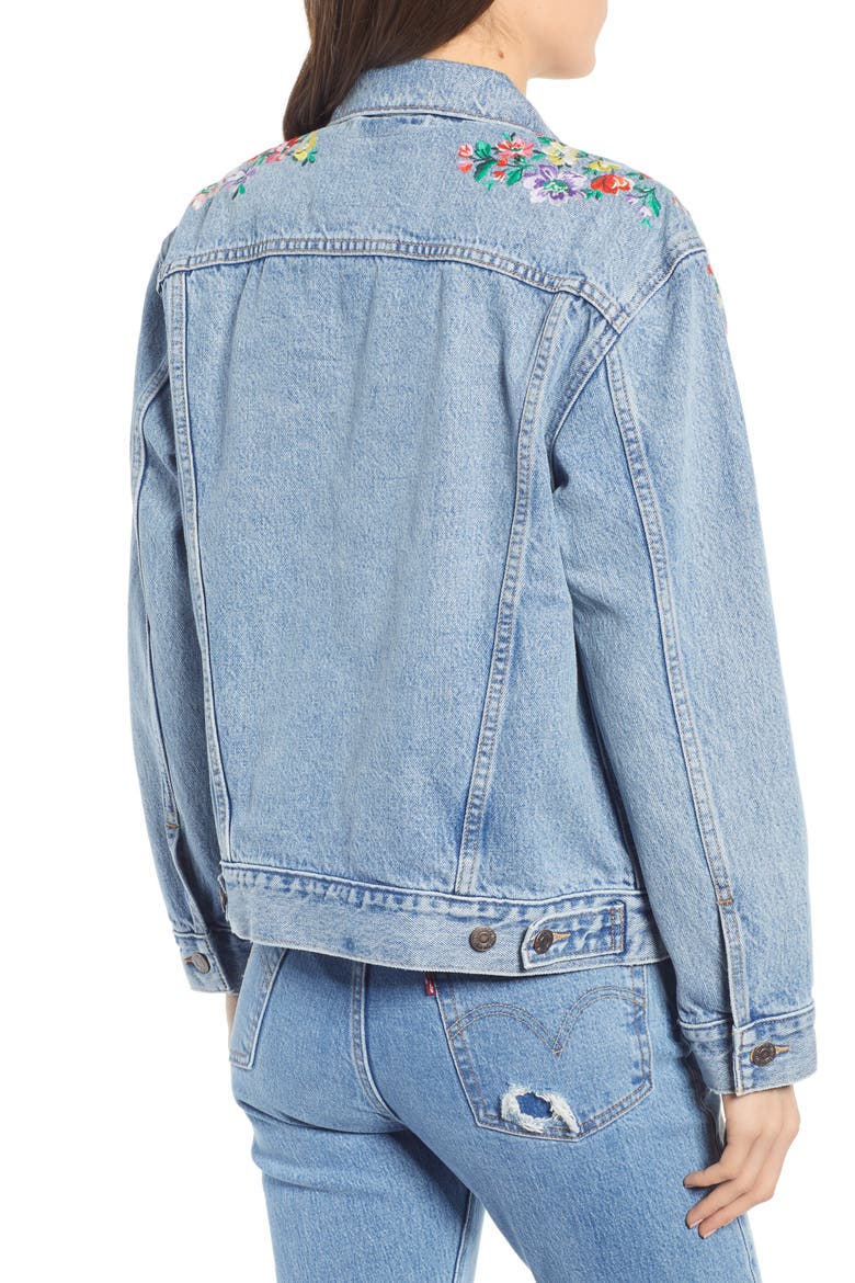 Levi's® Ex-Boyfriend Embroidered Denim Trucker Jacket, Alternate, color, HEARTS OF FLOWERS