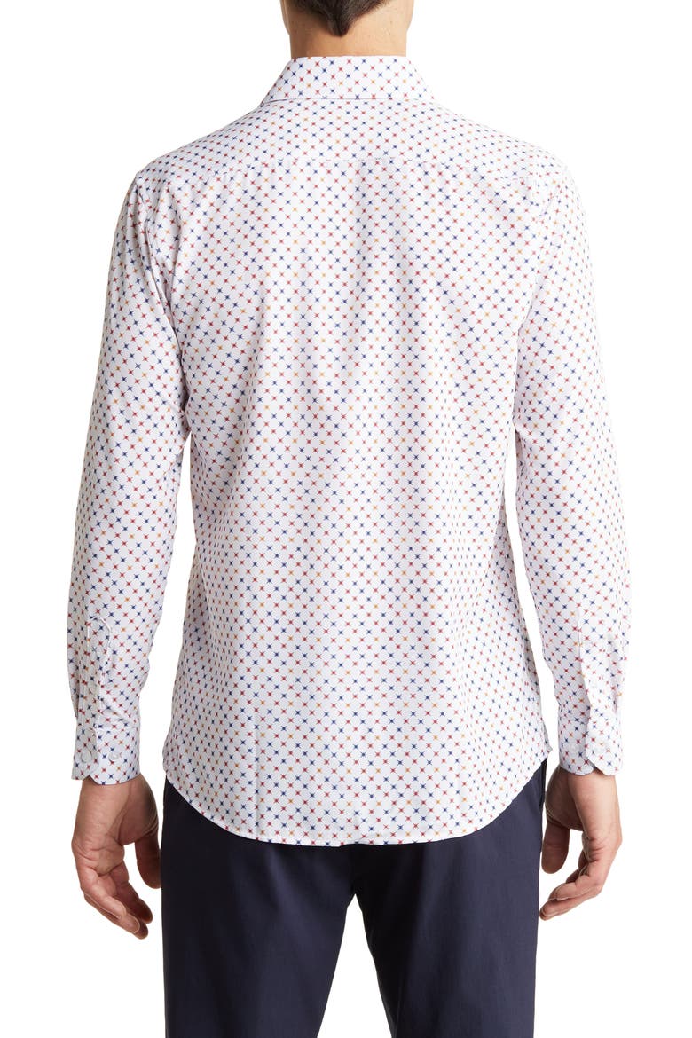 Slim Fit Star Print Performance Button-Up Shirt, Alternate, color, WHITE