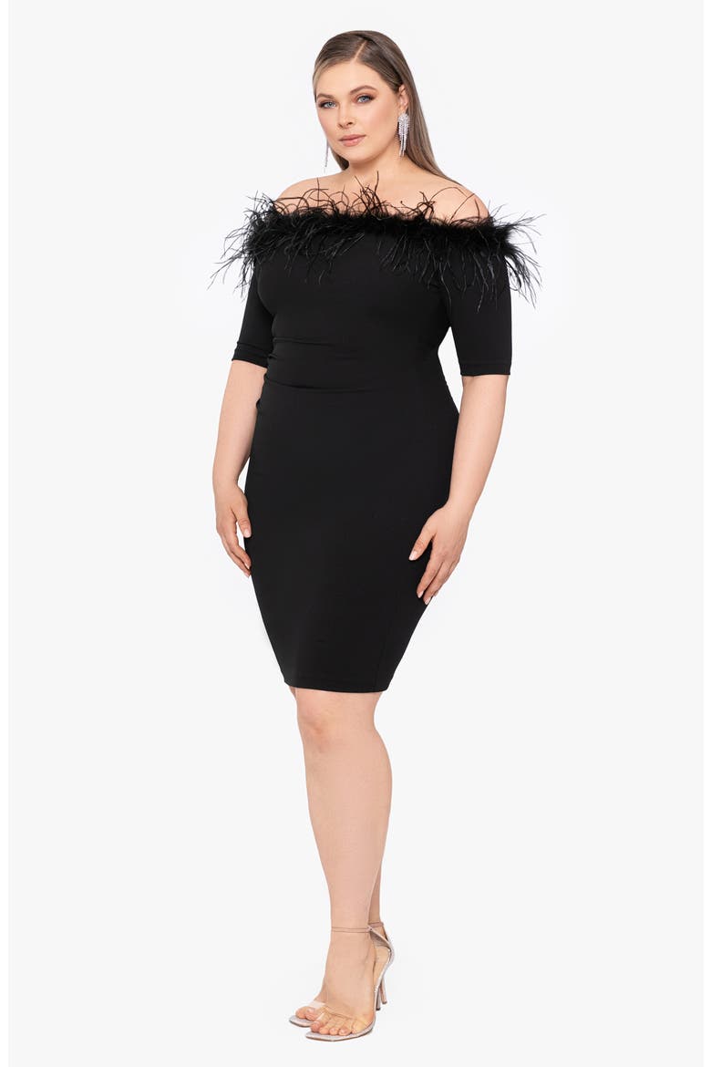 Feather Trim Off the Shoulder Cocktail Dress, Alternate, color, BLACK
