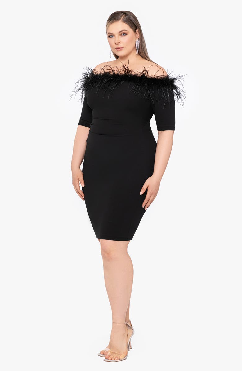 Xscape Evenings Feather Trim Off the Shoulder Cocktail Dress, Alternate, color,