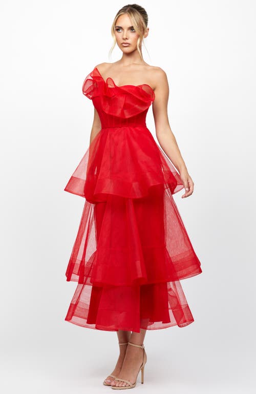 Bariano Mae Tiered Ruffle Midi In Red