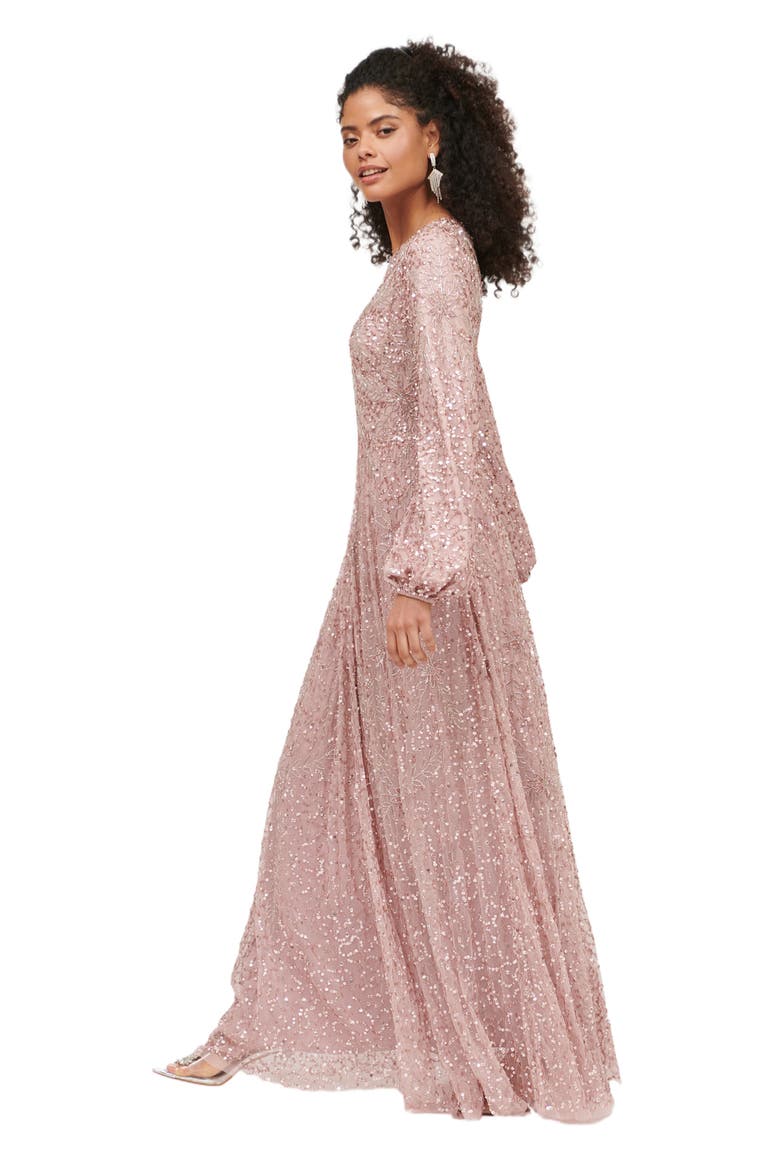 Occasion Modest Embellished Sequin Beaded Floral Evening Dress, Alternate, color, FROSTED PINK