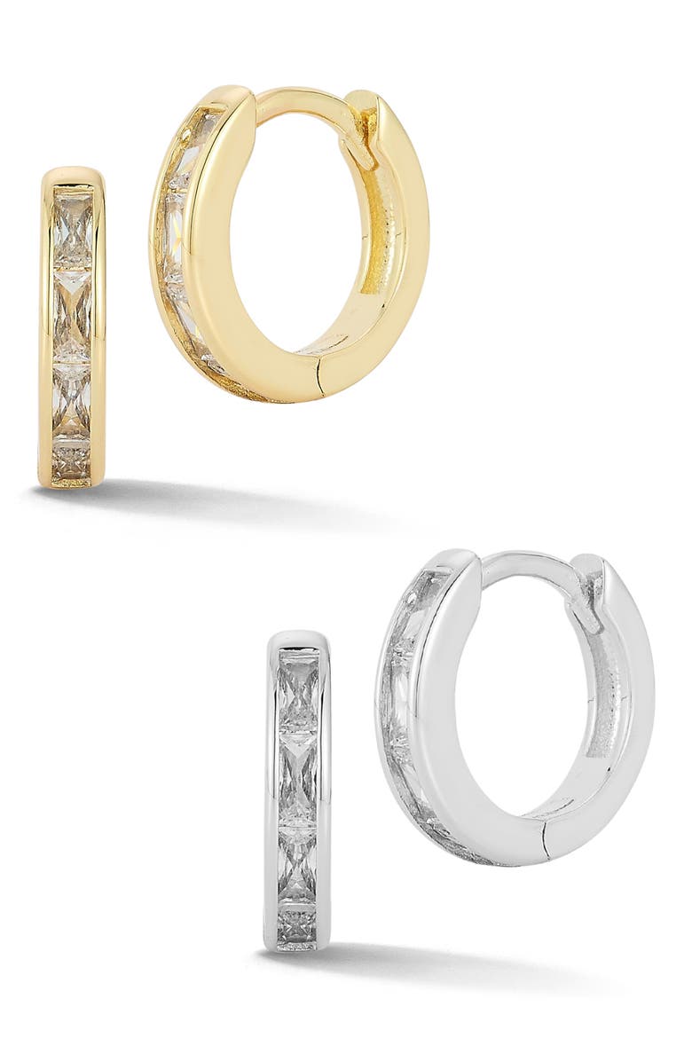 Set of 2 Cubic Zirconia Huggie Hoop Earrings, Main, color, GOLD/ SILVER