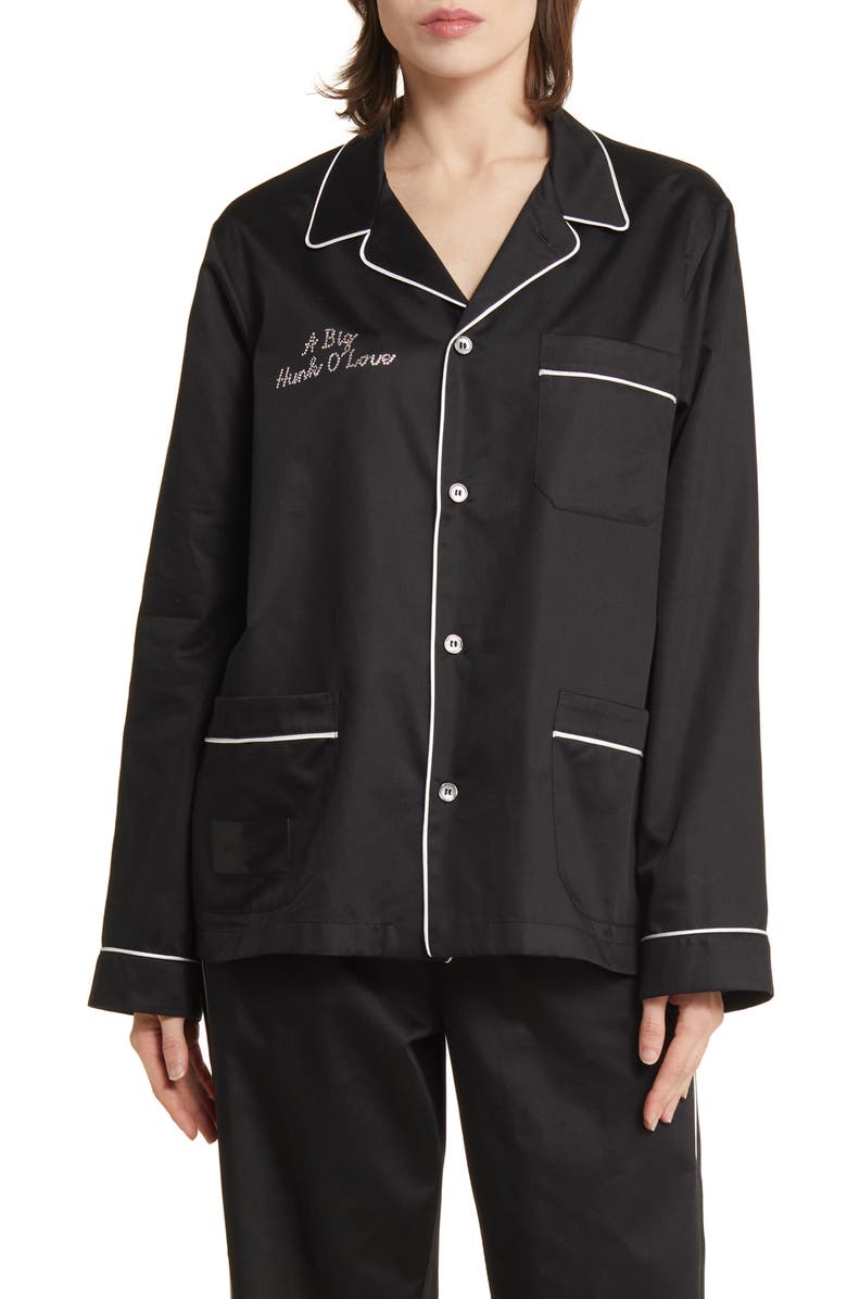Magniberg Gala Swarovski<sup>®</sup> Crystal Embellished Cotton Sateen Pajama Top, Main, color, Black