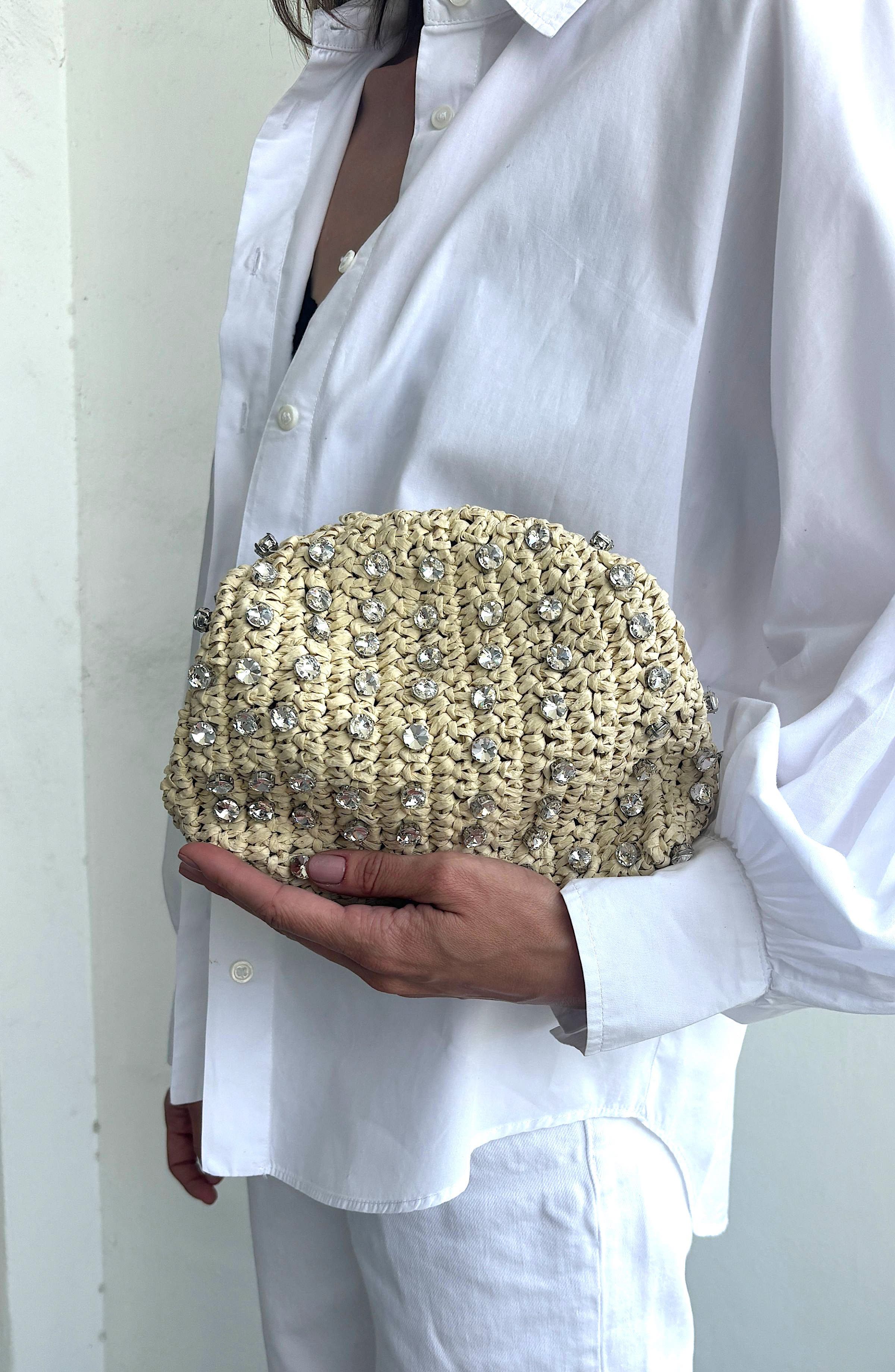 Adornia Crystal Embellished Raffia Clutch, Alternate, color, Tan