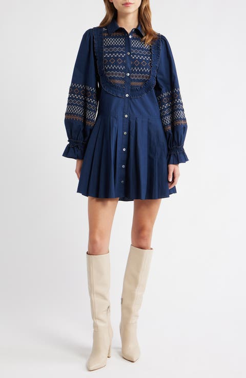 Walton Embroidered Long Sleeve Mini Shirtdress