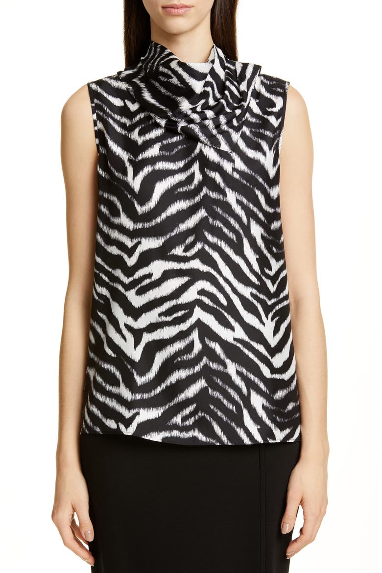 Drape Neck Zebra Print Silk Shell, Main, color, CAVIAR/ WHITE MULTI