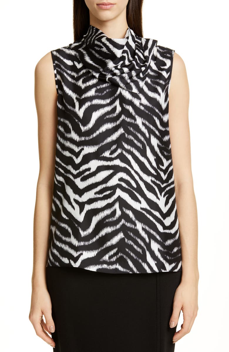 St. John Collection Drape Neck Zebra Print Silk Shell, Main, color, 