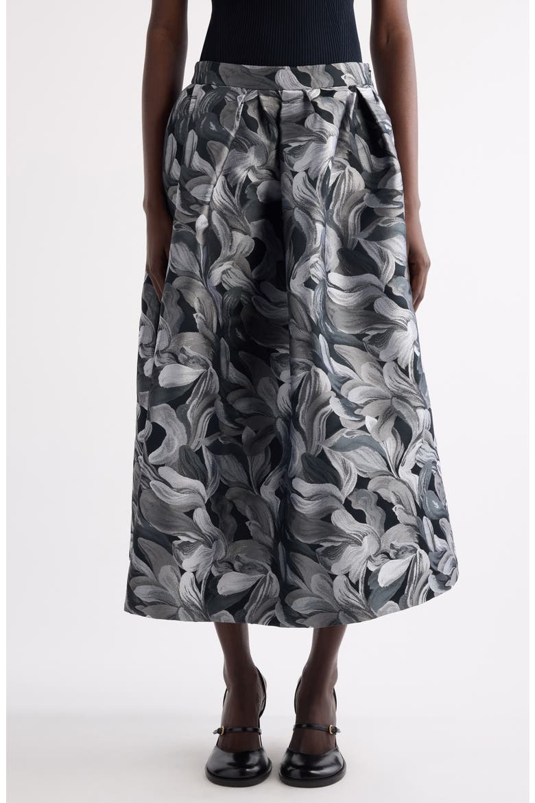 Soni Abstract Floral Jacquard Pleated A-Line Midi Skirt, Main, color, BLACK