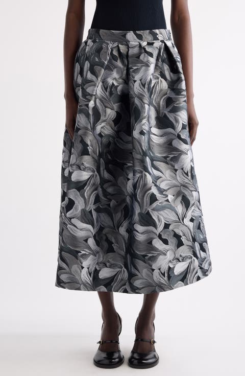 Soni Abstract Floral Jacquard Pleated A-Line Midi Skirt