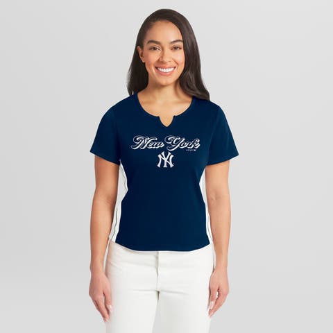 Women's WEAR by Erin Andrews  Navy New York Yankees Notch Neck Cropped T-Shirt