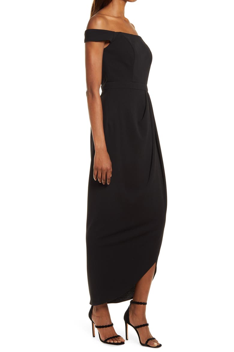 Xscape Off the Shoulder Wrap Front Scuba Crepe Gown, Alternate, color, BLACK