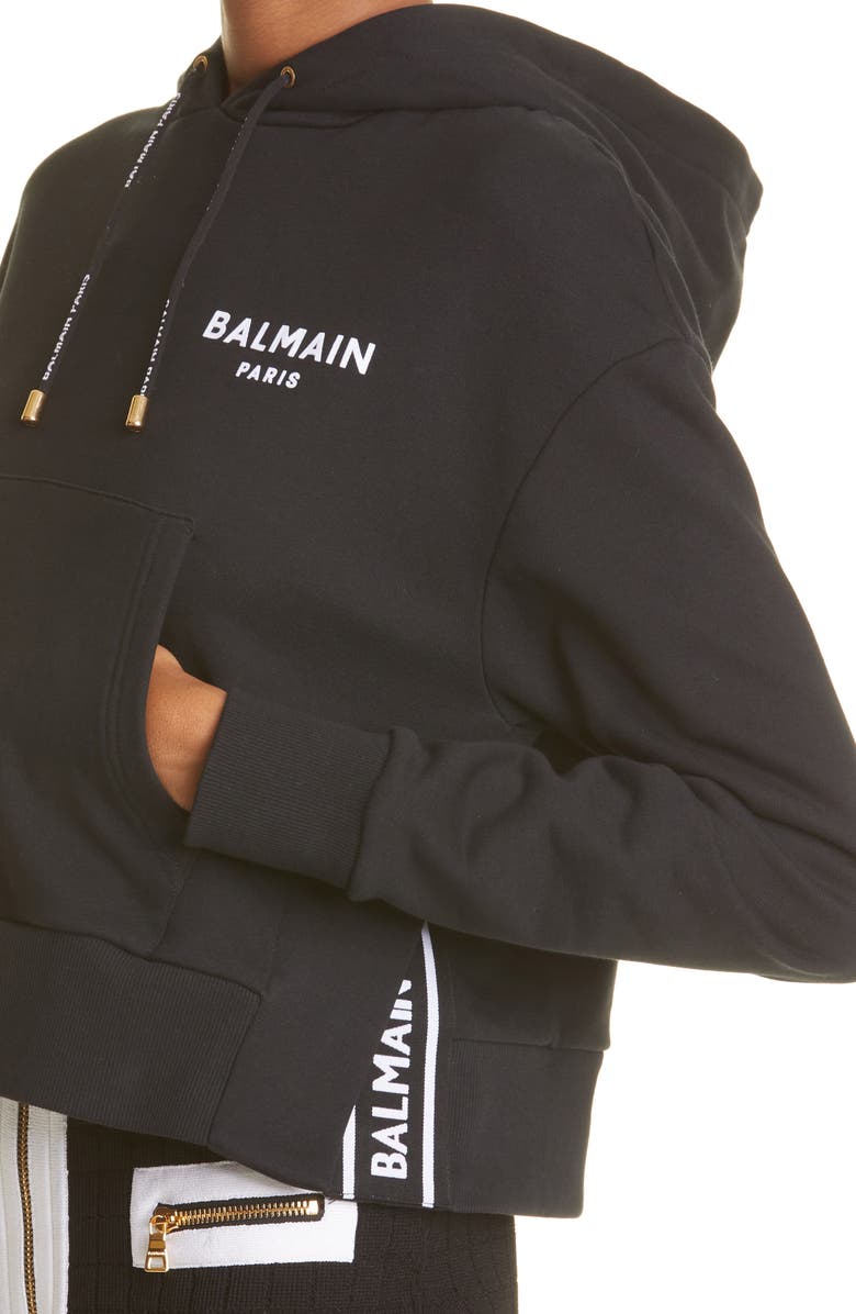 Balmain Flocked Logo Crop Hoodie, Alternate, color, 