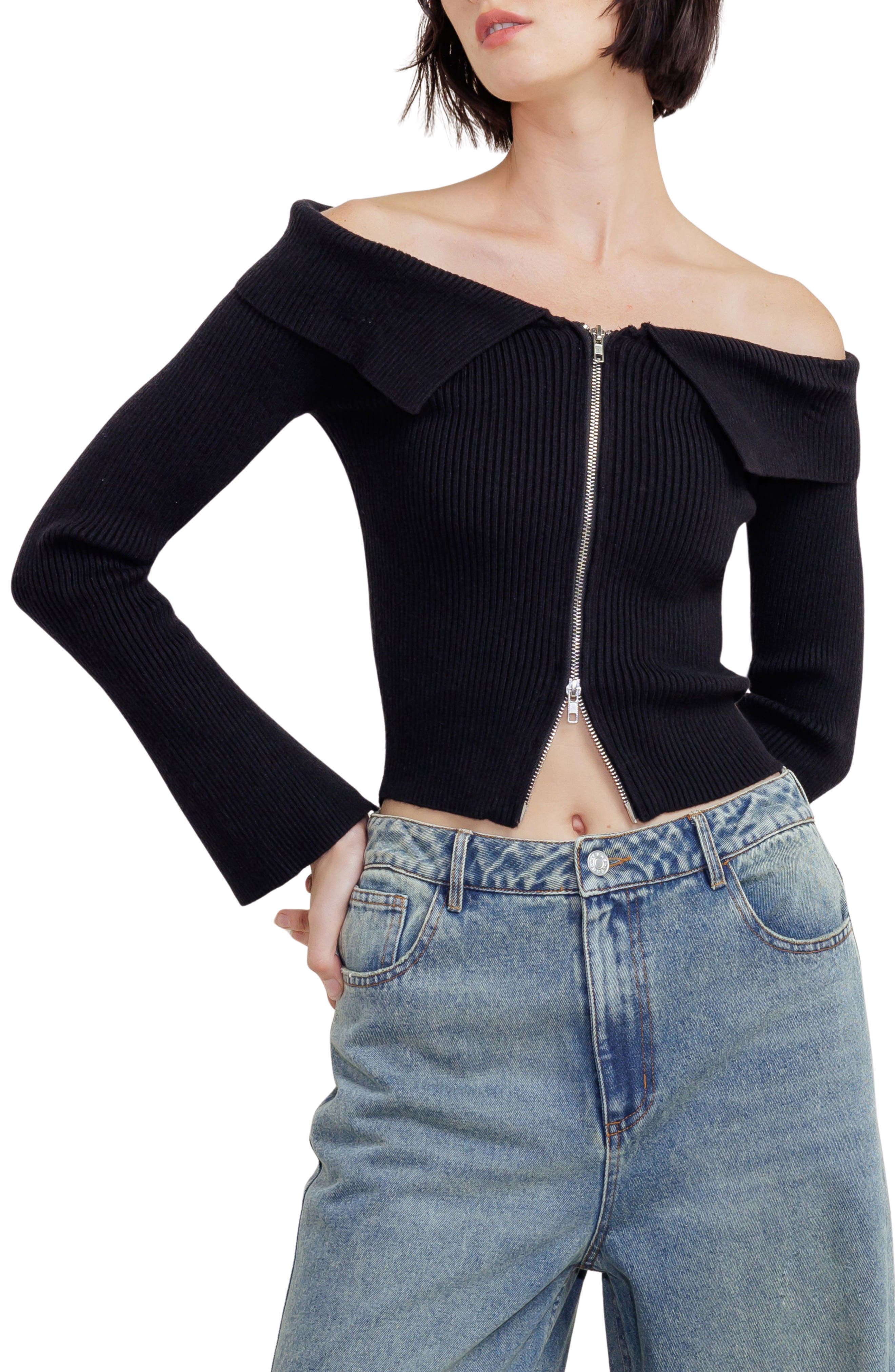 Off the Shoulder Zip Ribbed Cropped Sweater