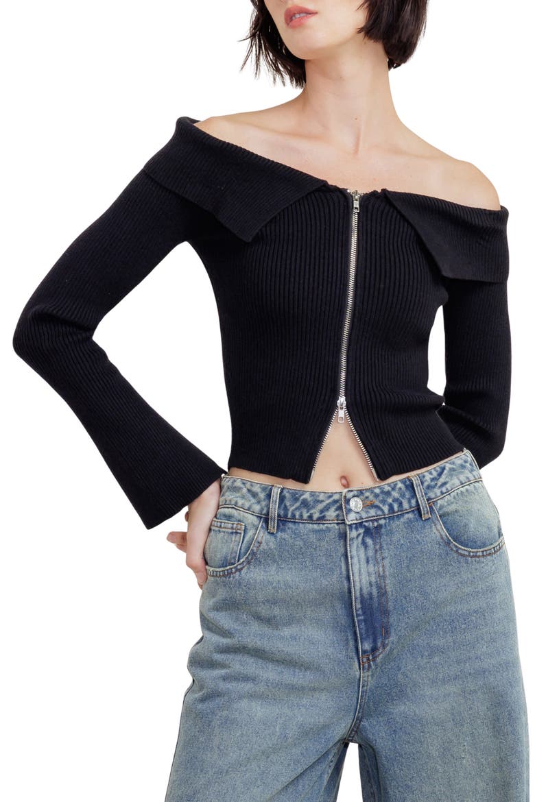 Off the Shoulder Zip Ribbed Cropped Sweater, Main, color, BLACK