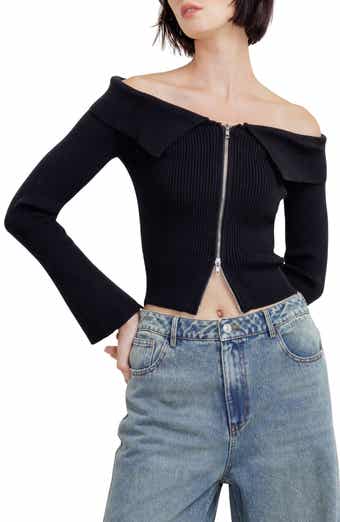 Off the Shoulder Zip Ribbed Cropped Sweater